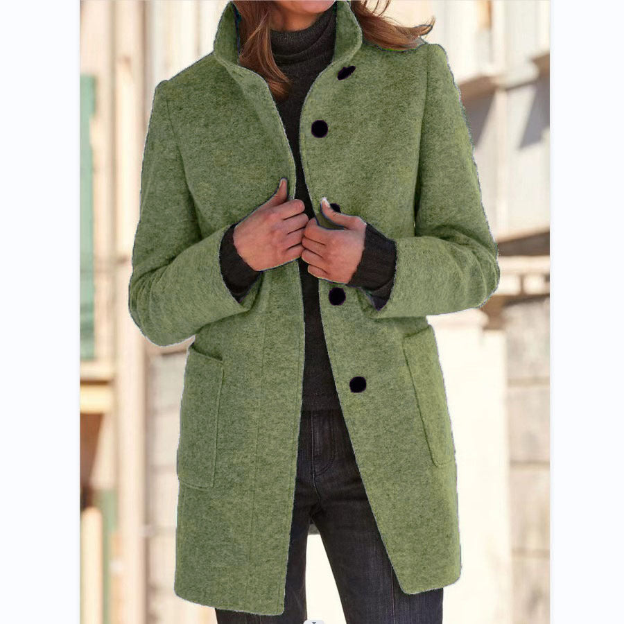 Women's Stand Collar Woolen Coat Button Front Outerwear