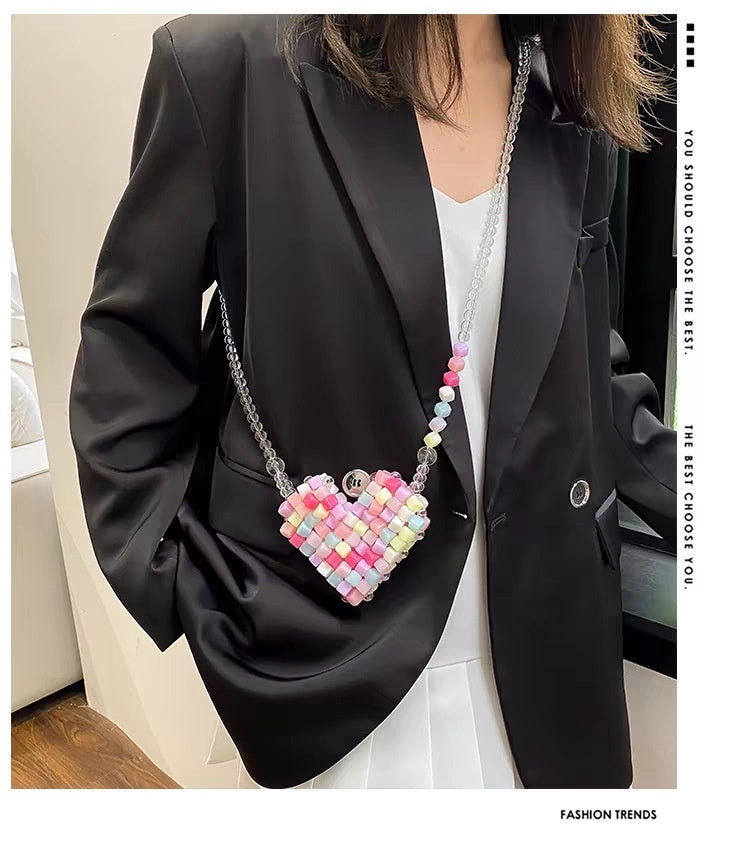 Sarah Express Beaded Pearl Crossbody Bag - Handmade Heart Tote Handbag for Women Jelly Love Crossbody