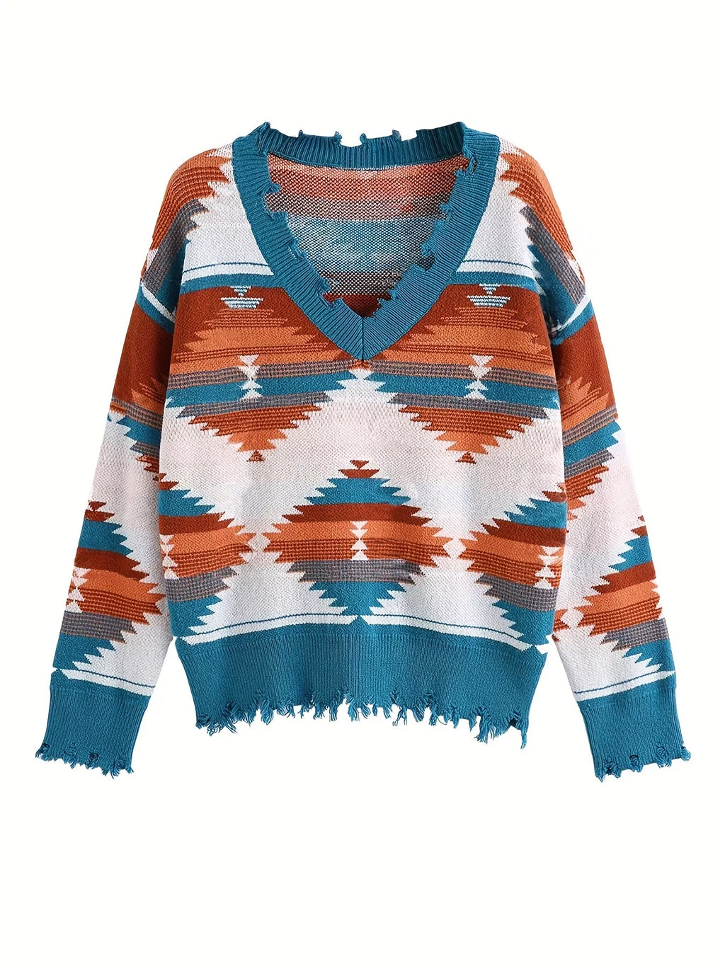 Sarah Express Women's Geometric Frayed Hem V-Neck Long Sleeve Sweater