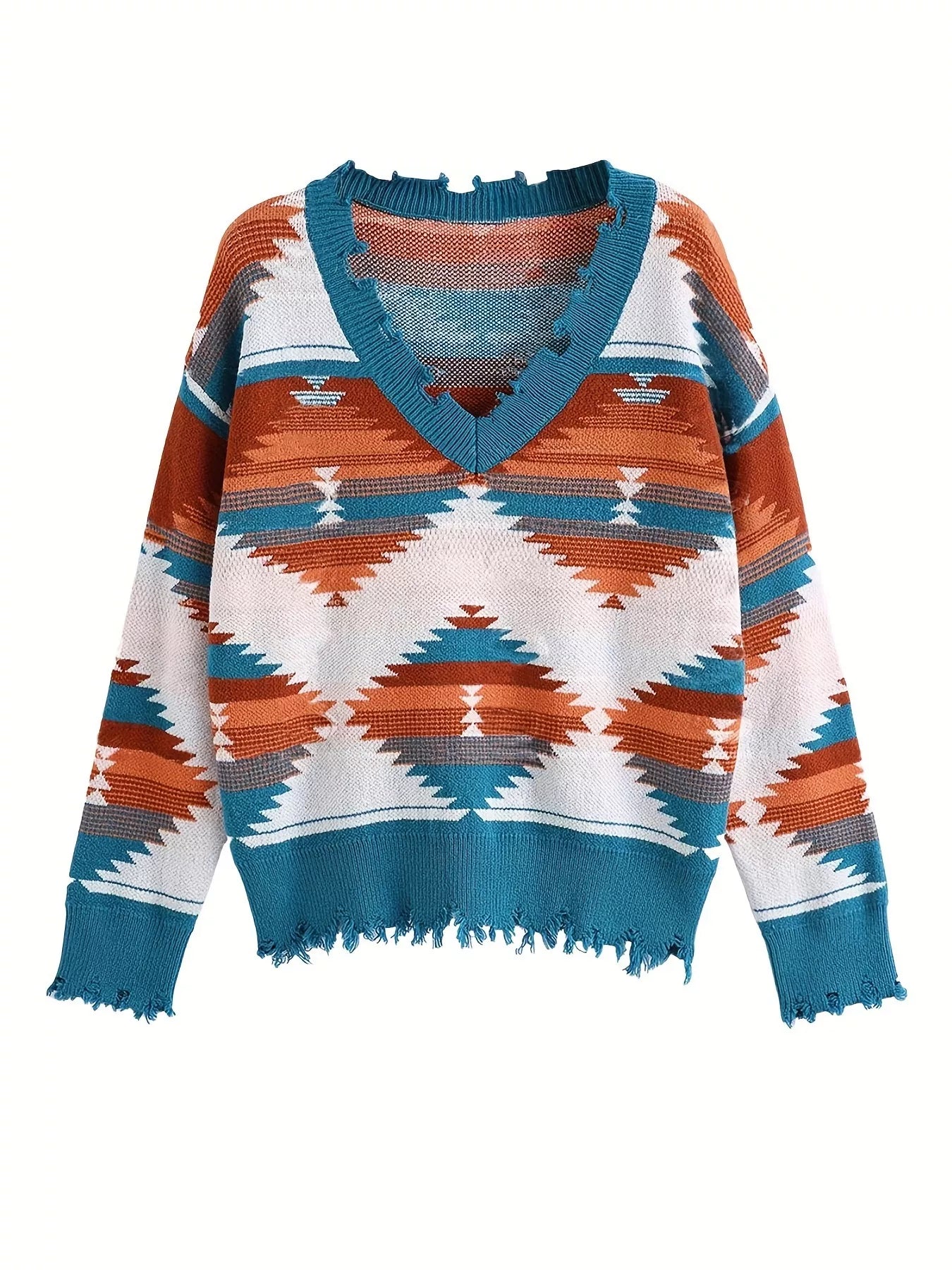 Sarah Express Women's Geometric Frayed Hem V-Neck Long Sleeve Sweater