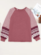 Sarah Express Women's Contrast Print Striped Raglan Long Sleeve Loose Top