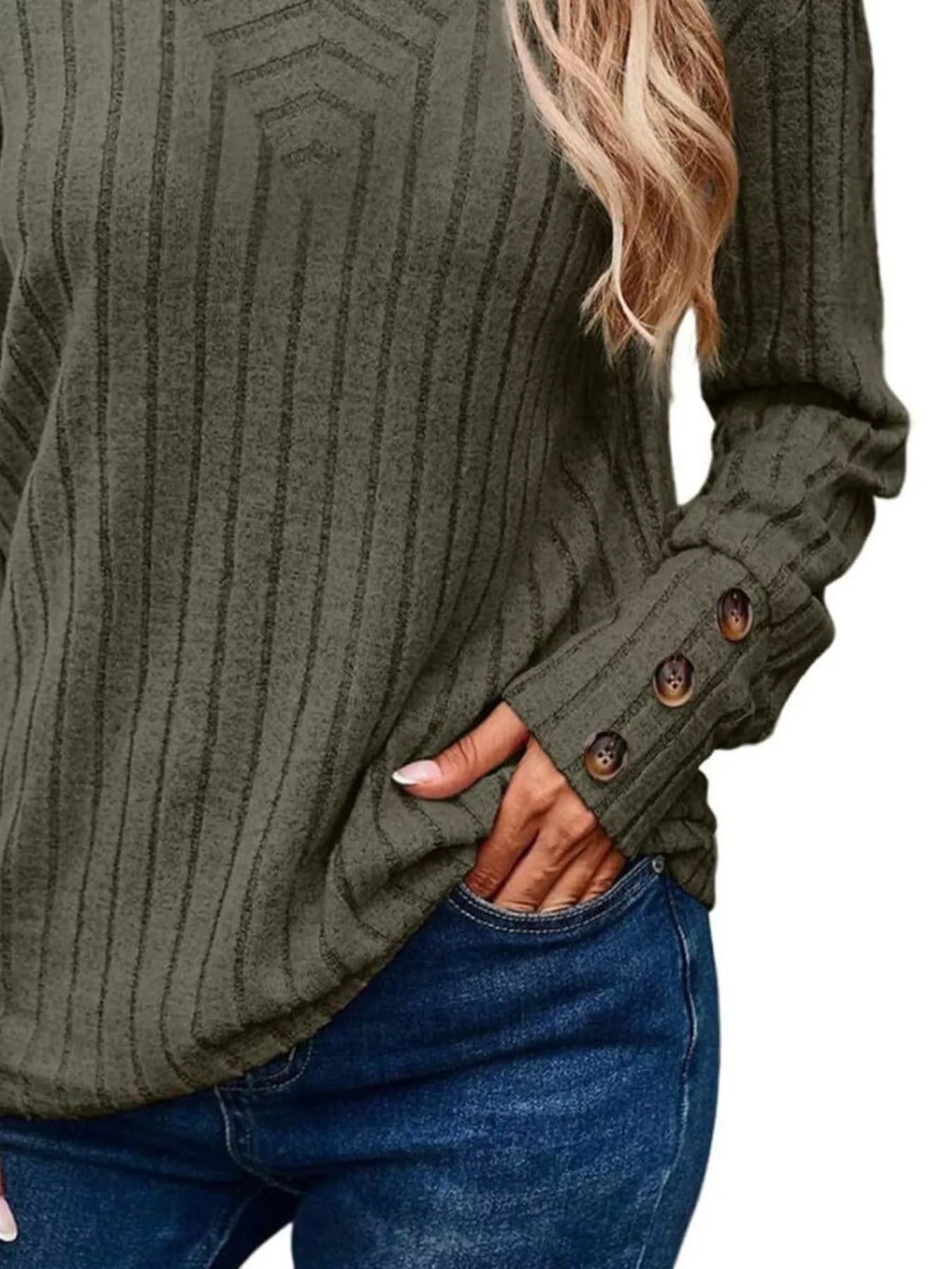 Sarah Express Women's Ribbed V-Neck Long Sleeve Top