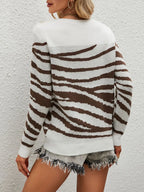 Sarah Express Women's Zebra Print Round Neck Sweater with Decorative Buttons