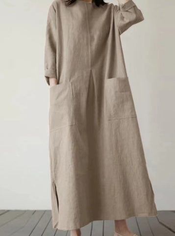 Women's Autumn Solid Color Elegant Cotton Dress Long Sleeve Wide Waist Basic Maxi Dress