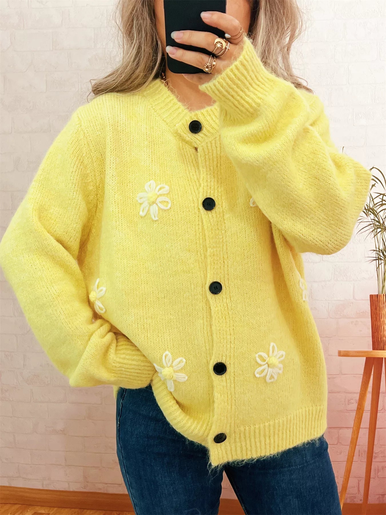Sarah Express Women's Flower Button-Down Cardigan Yellow One Size