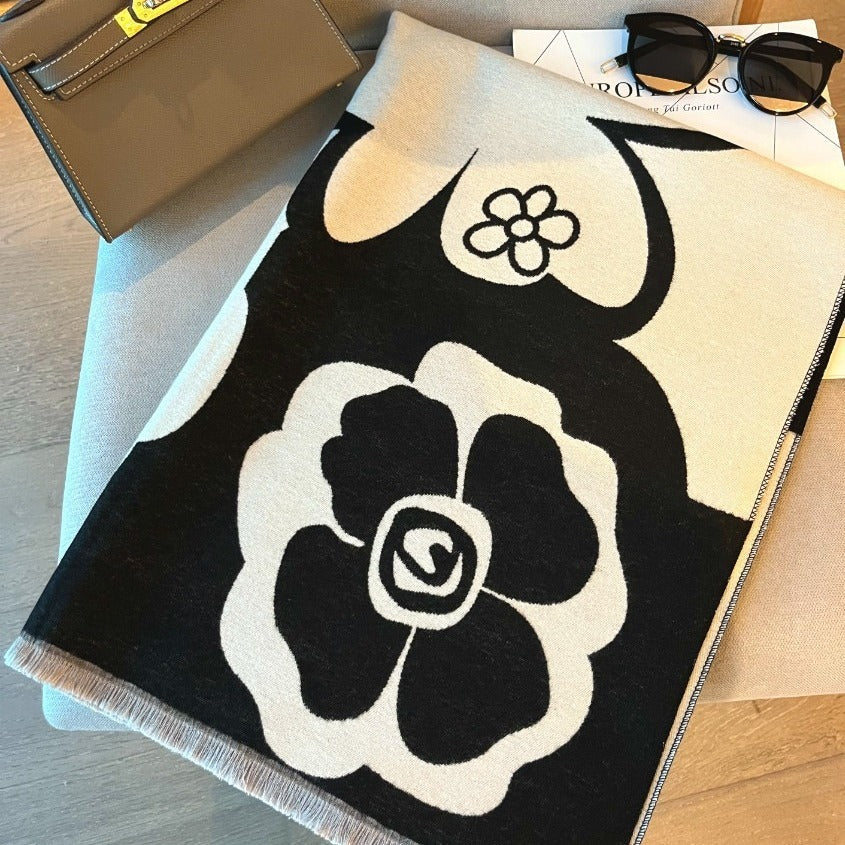 Women's Camellia Jacquard Scarf Imitation Cashmere Black Beige Elegant Winter Wrap