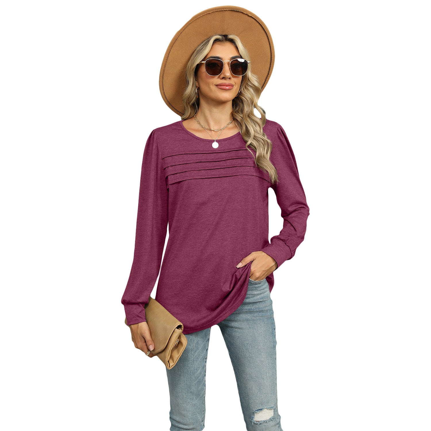 Solid Color U-Neck Pleated Long Sleeve Top for Women