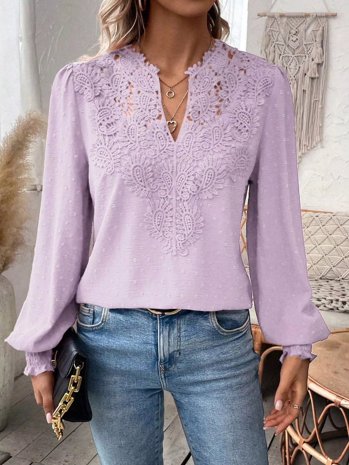 Sarah Express Women's Lace Trim Long Sleeve Blouse Pink Purple