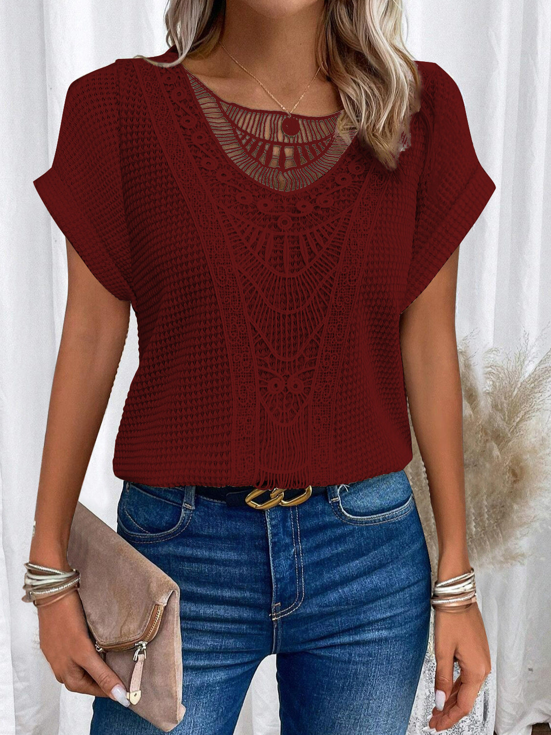 Women's Hollow Out Short Sleeve T-Shirt Ethnic Boho Style