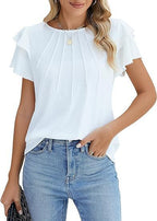 Women's Pleated Round Neck Blouse Short Sleeve Professional Work Top