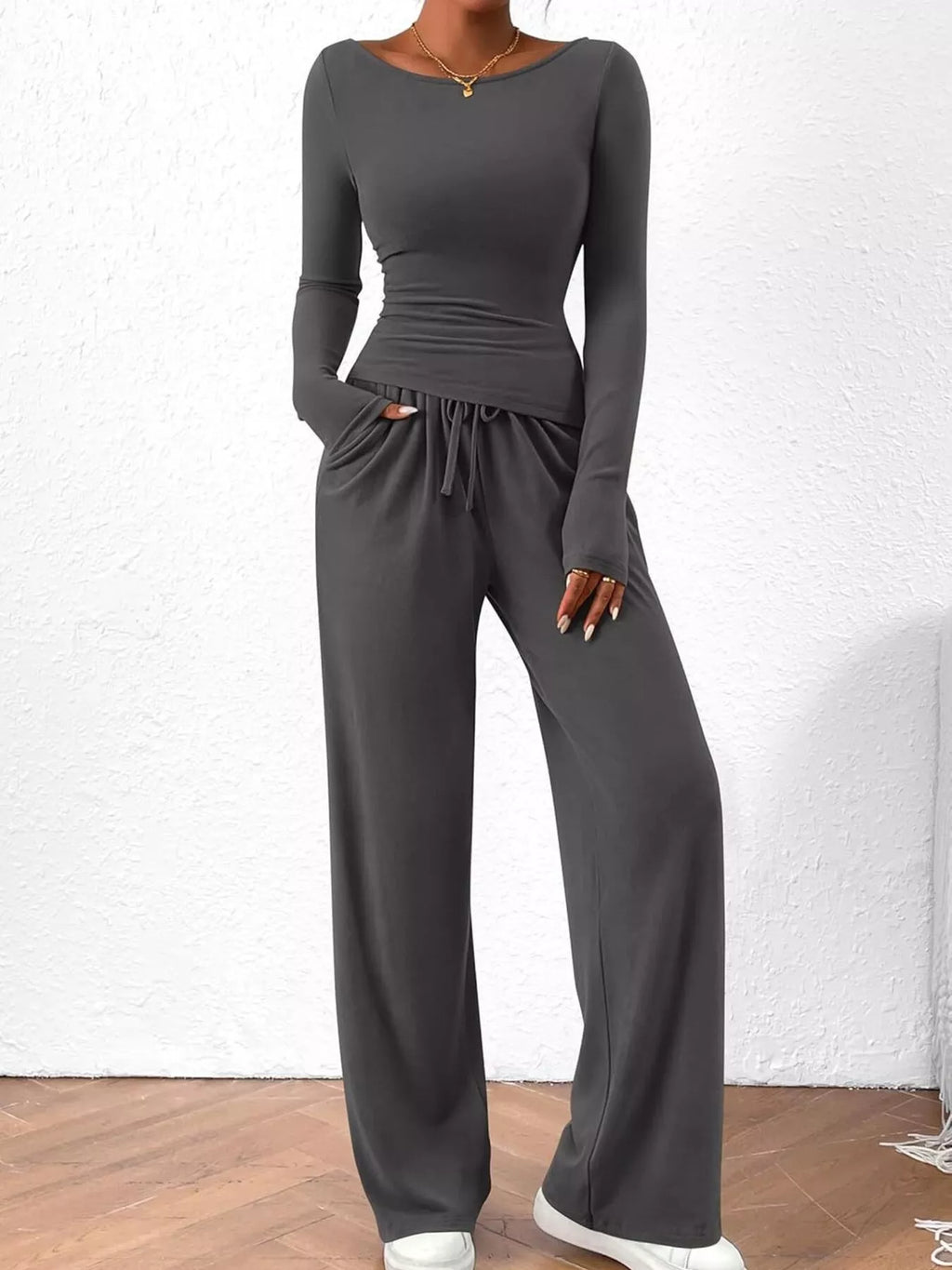 Sarah Express Women's Long Sleeve Top and Wide Leg Pants Set - Two Piece Outfit