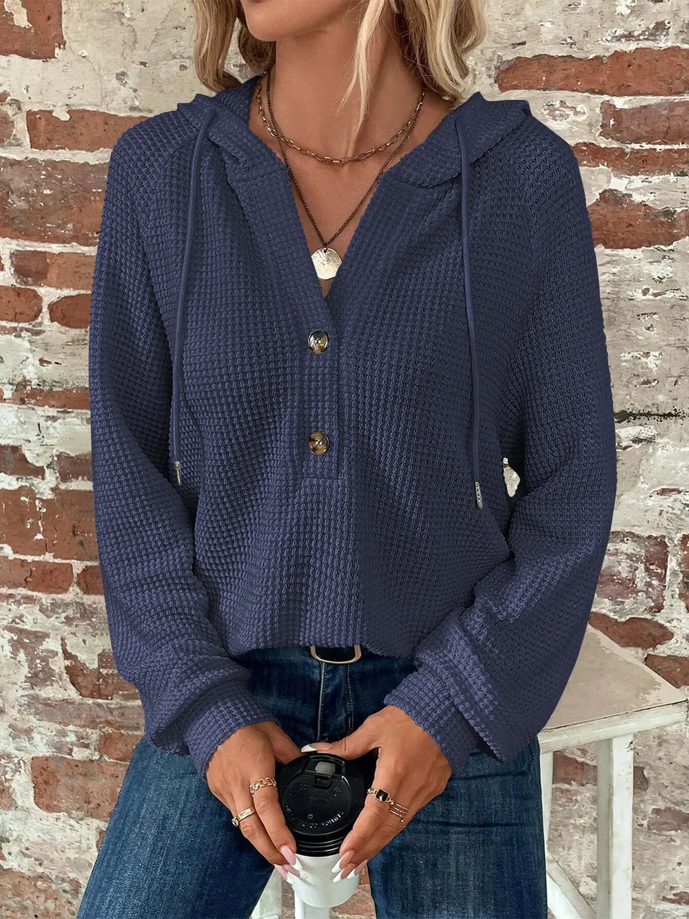 Sarah Express Women's Waffle Knit Long Sleeve Drawstring Hooded Top