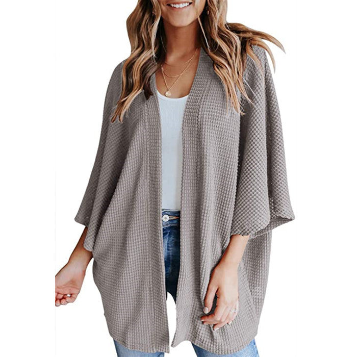 Women's Waffle Knit Bat Sleeve V-Neck Cardigan