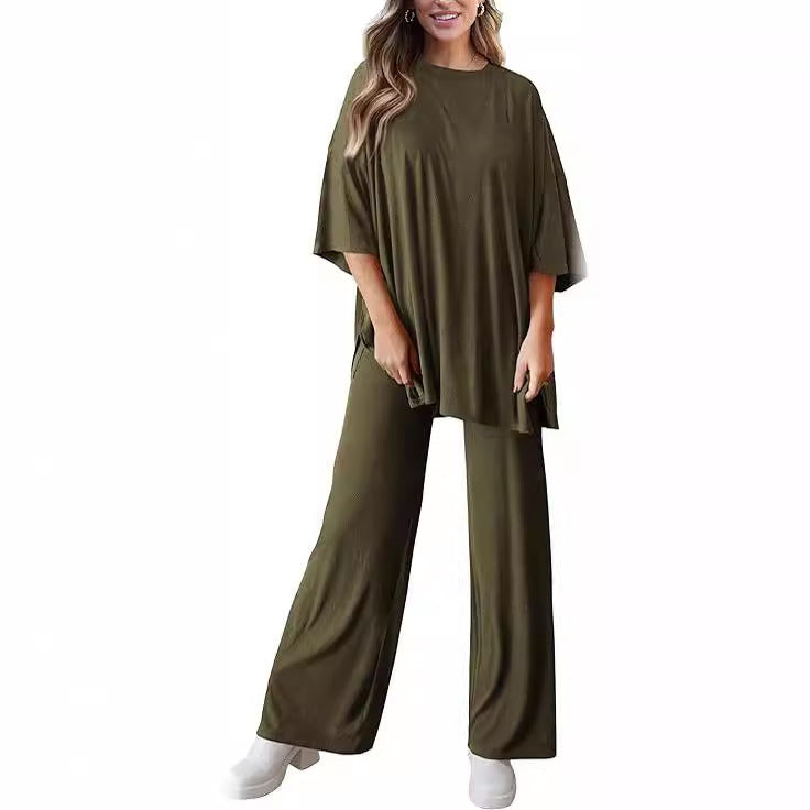 Two Piece Pullover Top Wide Leg Pants Set Polyester