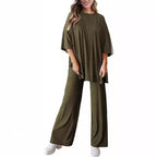 Two Piece Pullover Top Wide Leg Pants Set Polyester