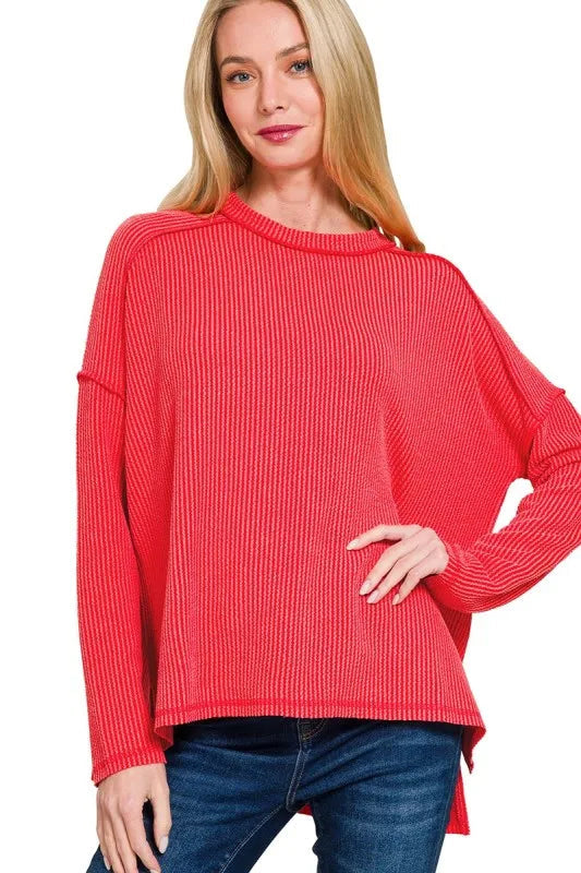 Sarah Express Women’s Plus Size Exposed Seam Corded Rib Knit Top
