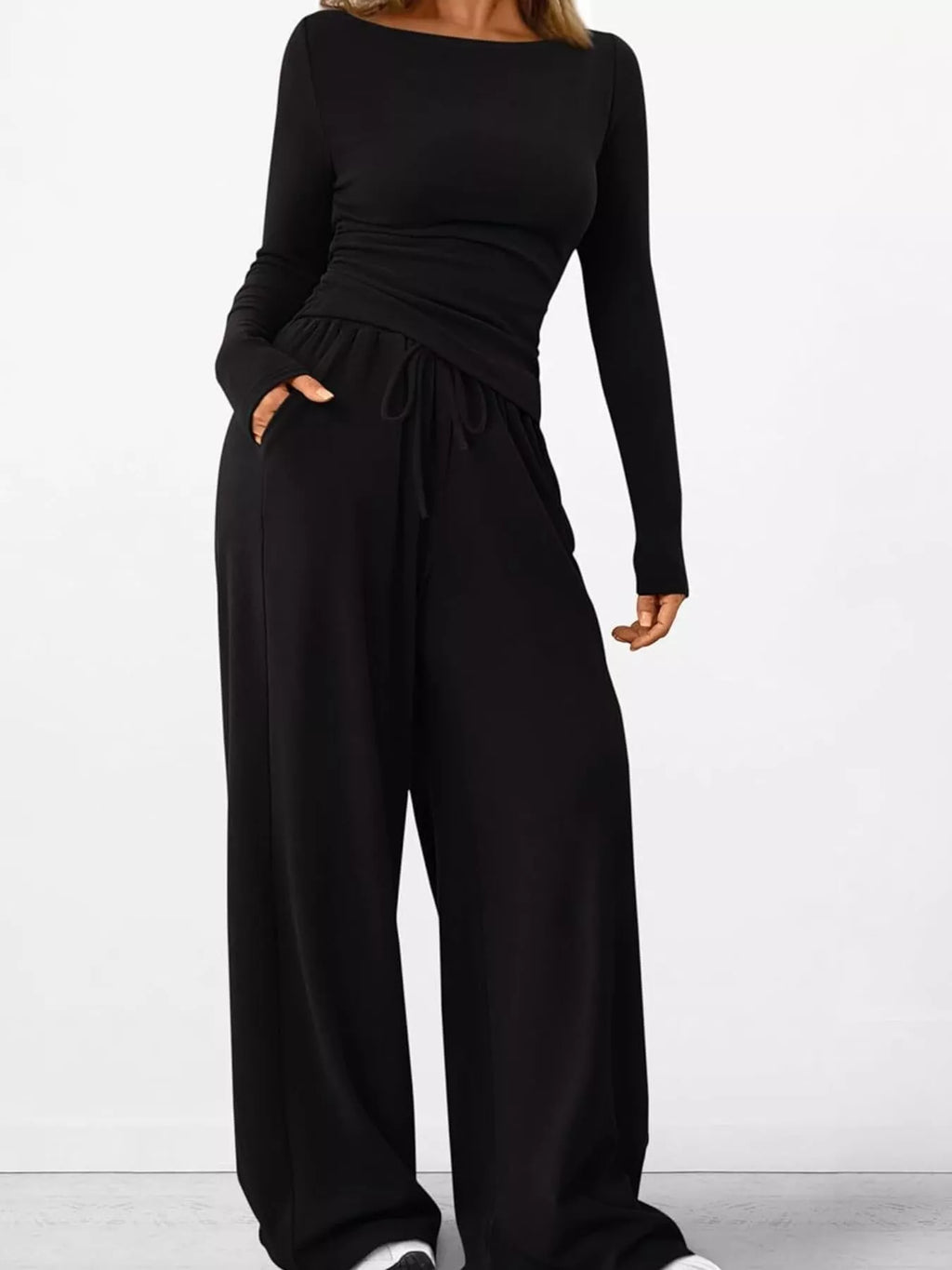 Sarah Express Women's Long Sleeve Top and Wide Leg Pants Set - Two Piece Outfit Black