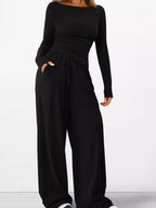 Sarah Express Women's Long Sleeve Top and Wide Leg Pants Set - Two Piece Outfit Black
