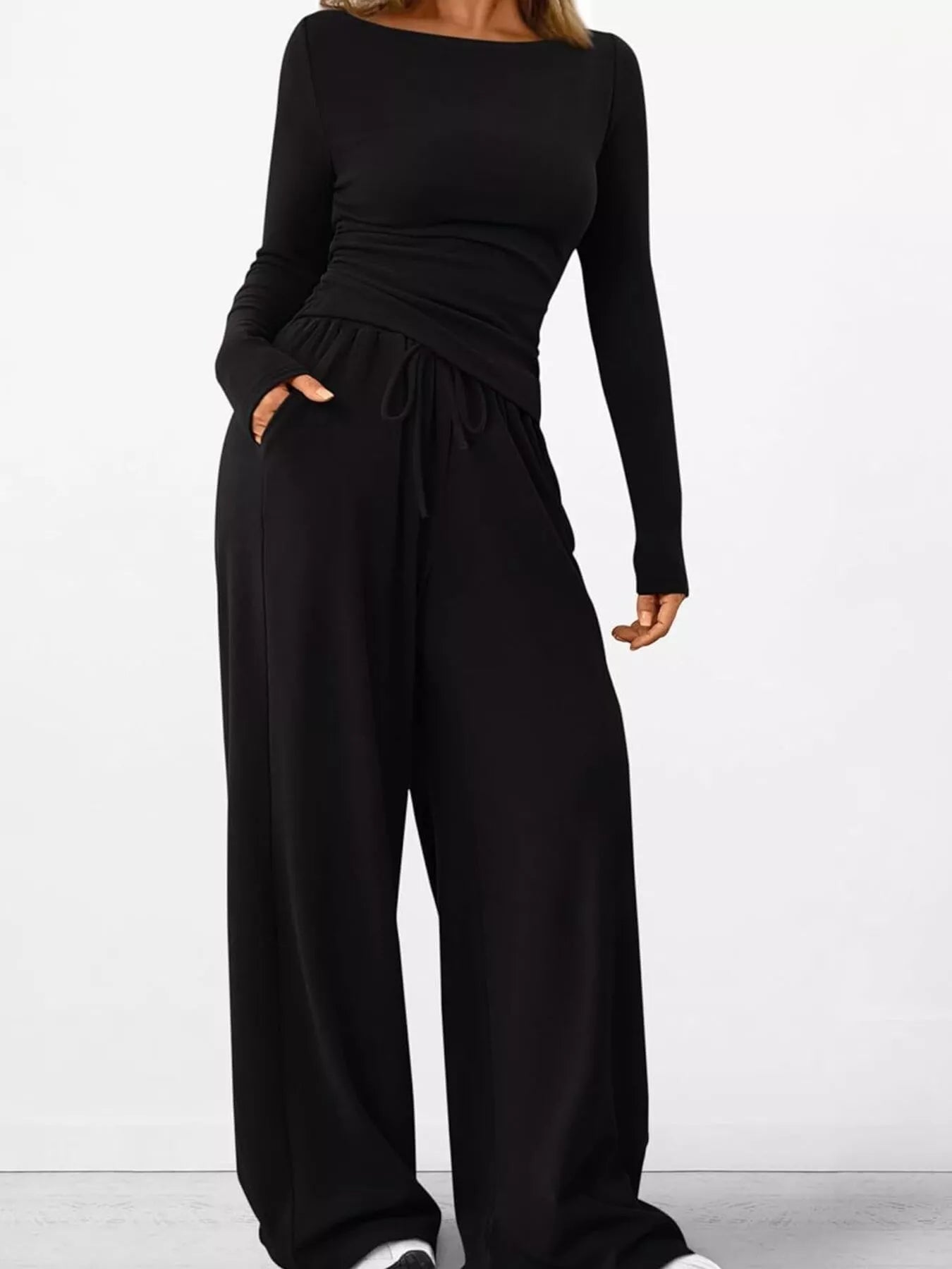 Sarah Express Women's Long Sleeve Top and Wide Leg Pants Set - Two Piece Outfit Black