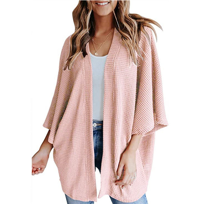 Women's Waffle Knit Bat Sleeve V-Neck Cardigan
