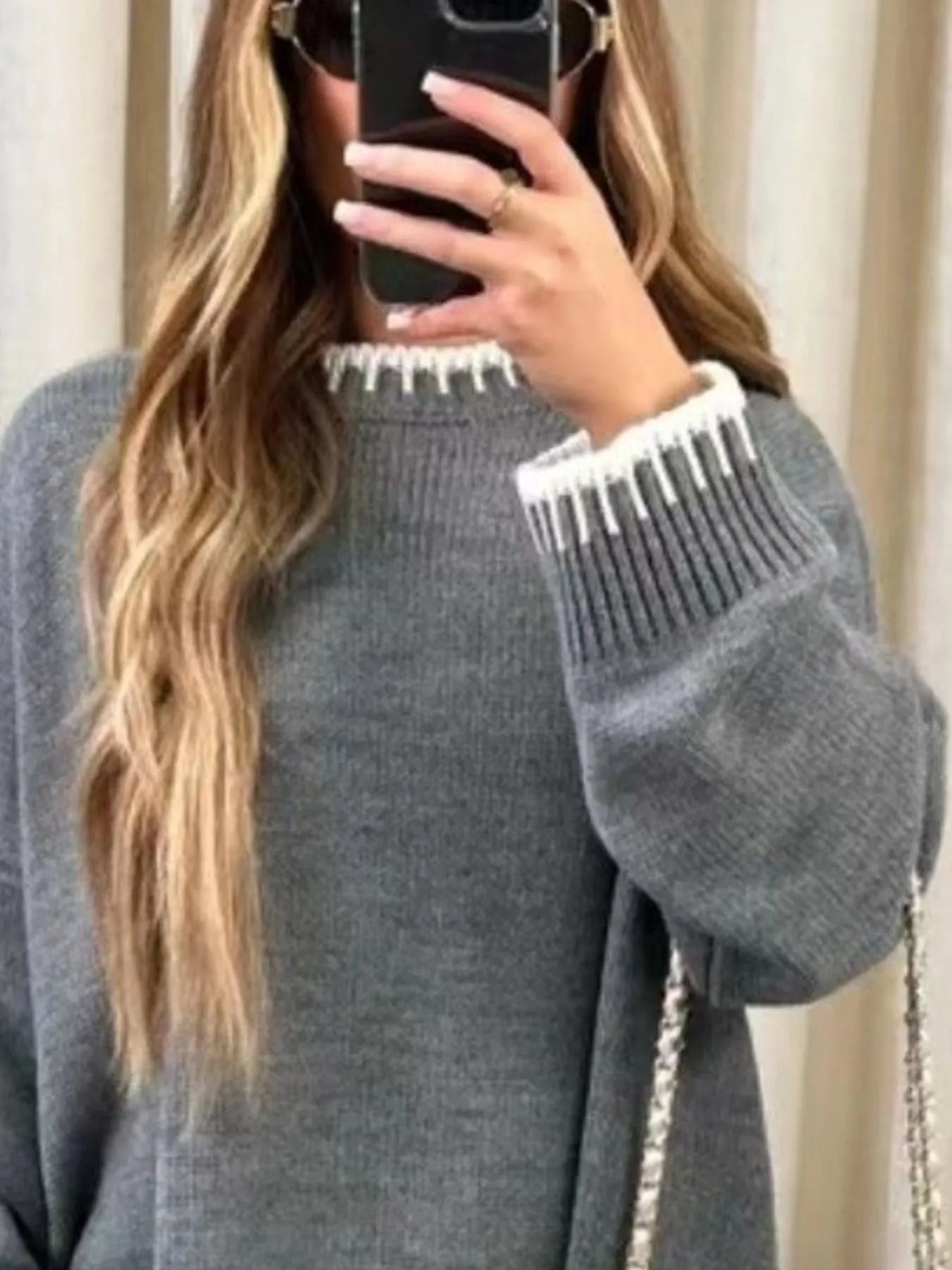 Sarah Express Women's Contrast Trim Round Neck Top and Pants Sweater Set Gray