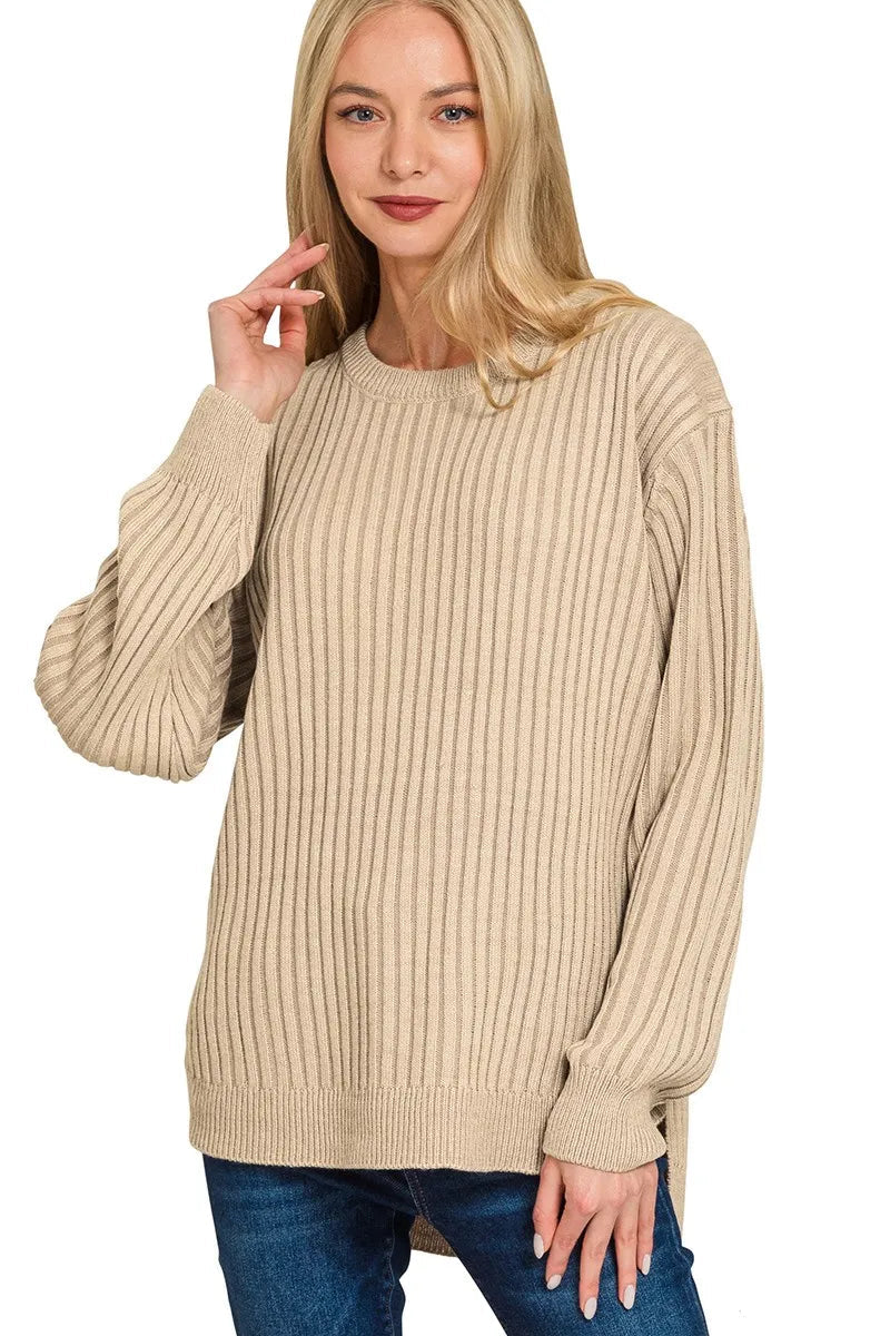 Sarah Express Women’s Oversized Two-Tone Ribbed Sweater with Curved Hem