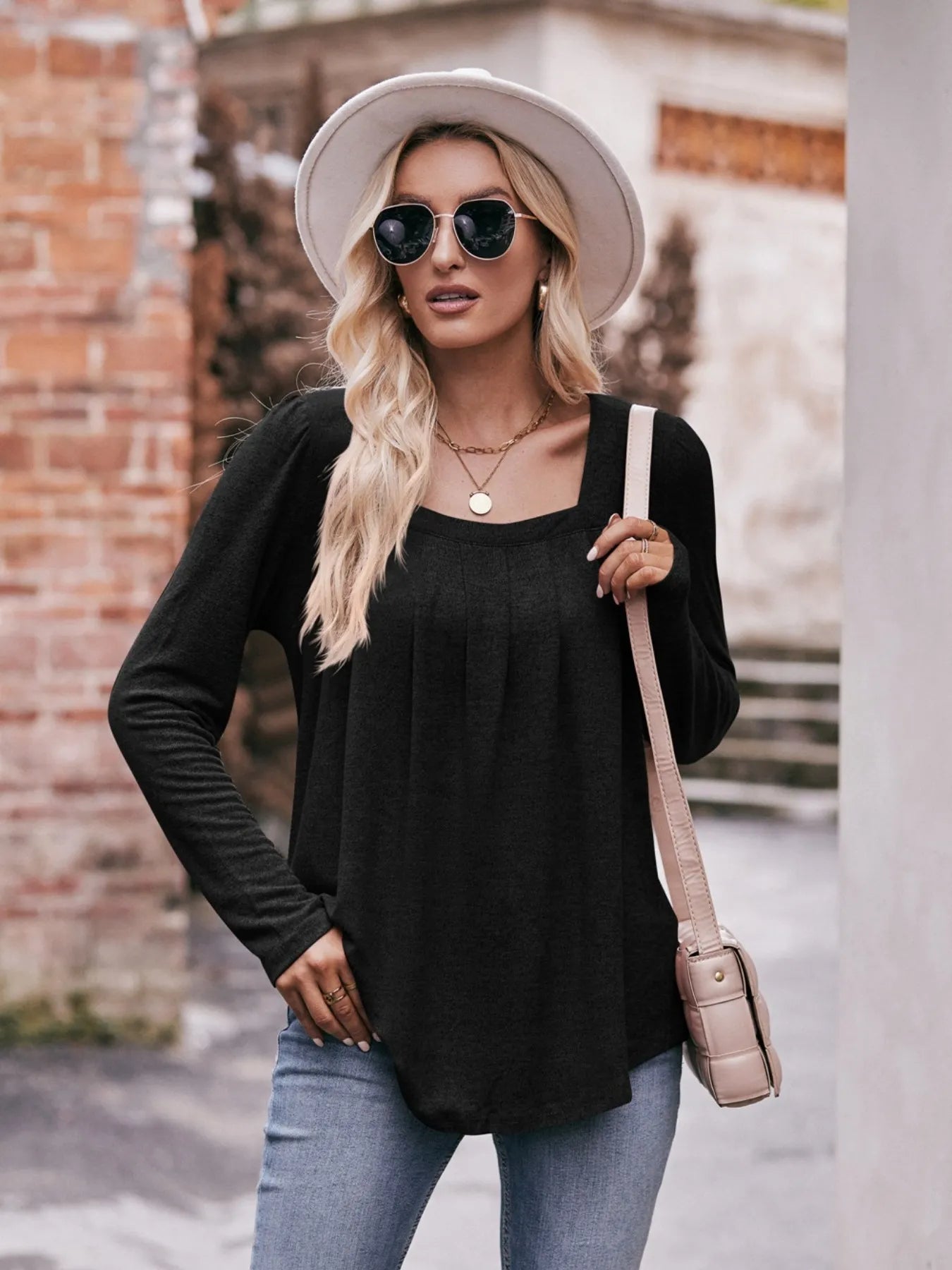 Sarah Express Women's Square Neck Long Sleeve T-Shirt - Ruched Design Black