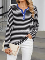 Sarah Express Women's Striped Long Sleeve Henley T-Shirt - Button Front Casual Top