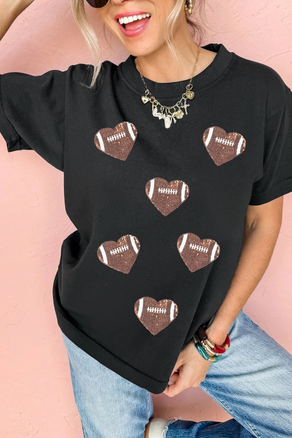 Sarah Express Women's Game Day Football Heart Sequin Round Neck T-Shirt