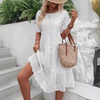 Women's Embroidered Floral Maxi Dress Ruffle Sleeve A-Line White Cotton Blend