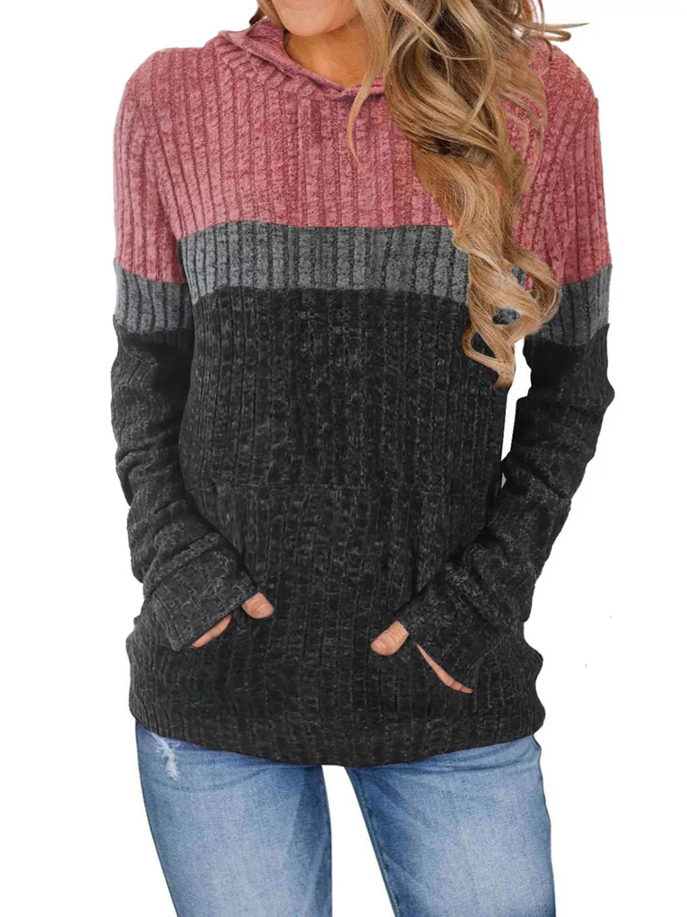 Sarah Express Women's Color Block Ribbed Knit Hoodie Plus Size Fuchsia Pink