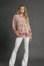 Sarah Express women’s floral boho peasant blouse with long balloon sleeves and a split tie neckline.
