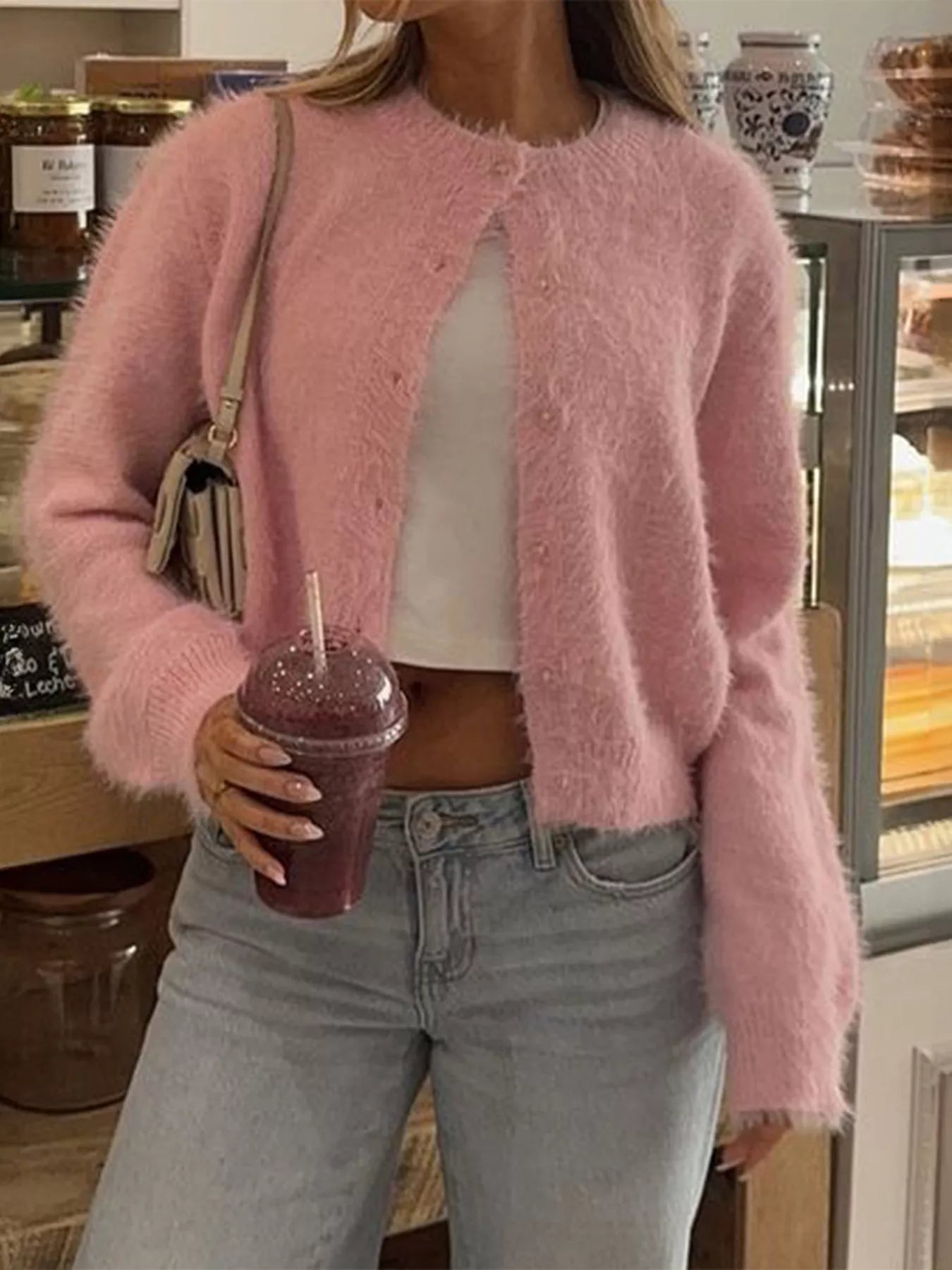 Sarah Express Women's Fluffy Knit Button-Down Cardigan