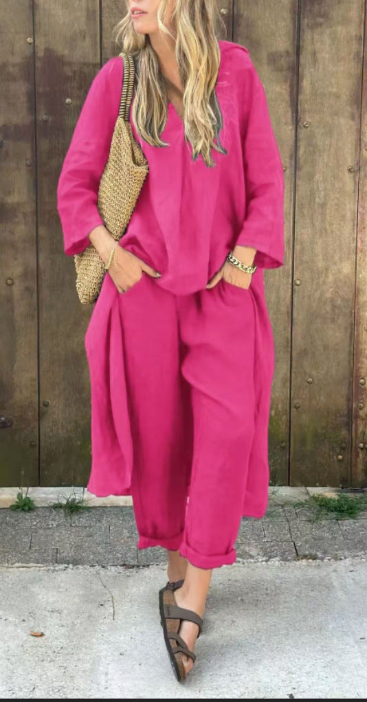 Two Piece Outfit V-Neck Tunic Top Wide Leg Pants Set Women's