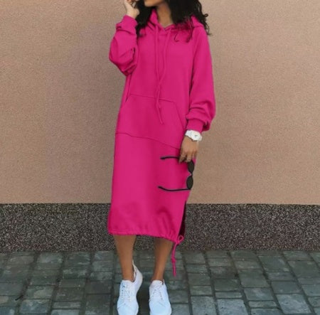Women's Hooded Sweatshirt Dress Long Sleeve Midi Casual Pockets