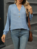 Sarah Express Women's Striped Henley T-Shirt with Button Detail