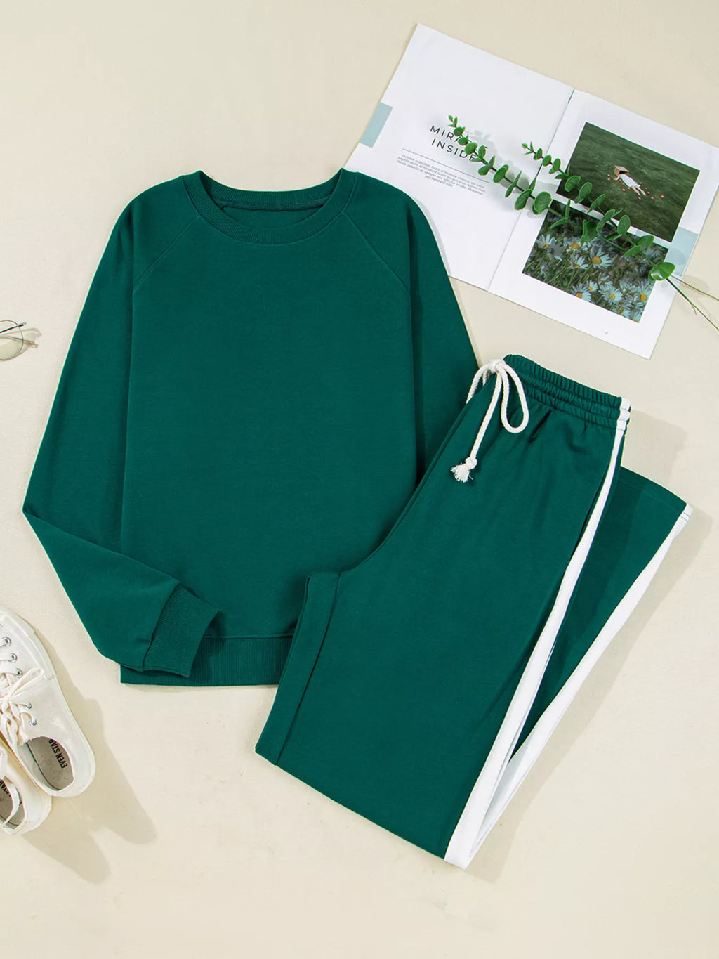 Sarah Express Women's Round Neck Top and Stripe Detail Drawstring Pants Set