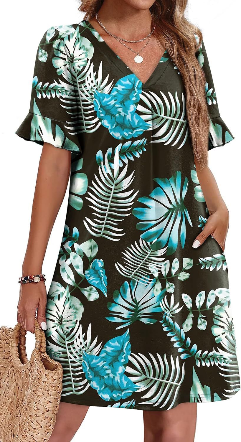 Women's V-Neck Ruffled A-Line Dress with Pockets Vacation Casual Short Sleeve