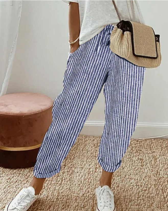 Women's Summer Striped Casual Pants - Loose Fit Elastic Waist Trousers