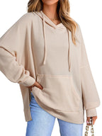 Sarah Express Women's Slit Drawstring Waffle Knit Hoodie Apricot