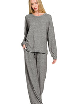 Women's Melange Hacci Long Sleeve Tee & Pants Set | Fast Shipping
