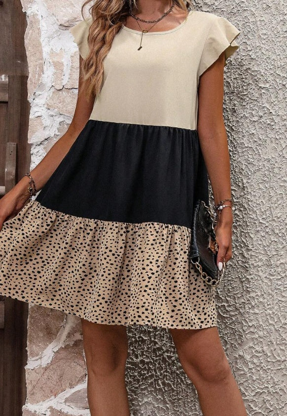 Color Block Floral Print Dress Ruffle Detail Pullover