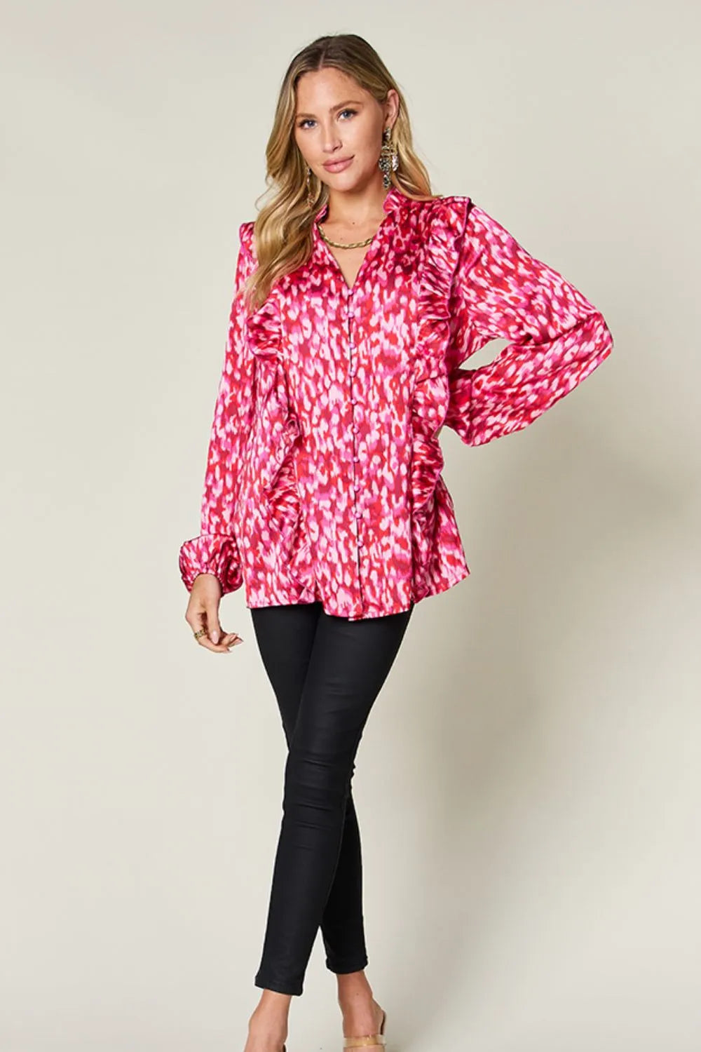 Sarah Express Women's Printed Ruffle Trim Balloon Sleeve Shirt - Buttoned Blouse Top