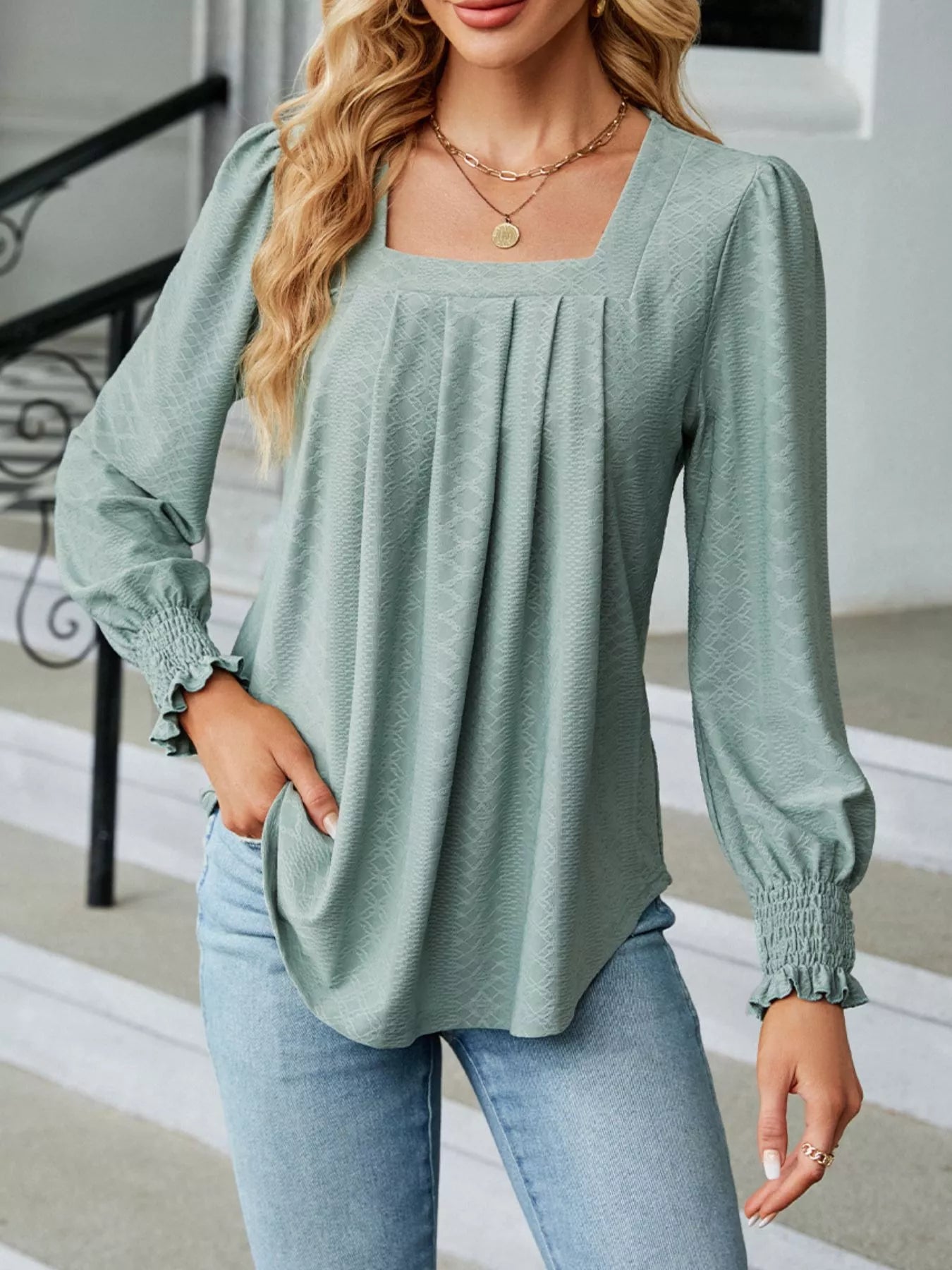 Sarah Express Women's Pleated Square Neck Long Sleeve Top Sage