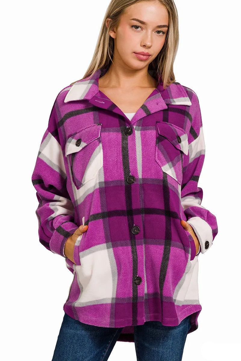 Sarah Express Women's Oversized Plaid Fleece Shacket - Purple Button-Front for Fall & Winter