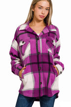 Sarah Express Women's Oversized Plaid Fleece Shacket - Purple Button-Front for Fall & Winter
