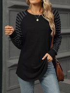 Sarah Express Women's Striped Round Neck Raglan Sleeve T-Shirt Black