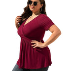 Women's V-Neck Short Sleeve T-Shirt with Pleated Detail Pullover Top