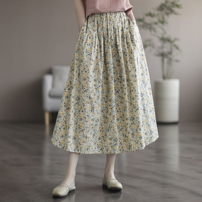 Floral Print Cotton Midi Skirt Elastic Waist Women's