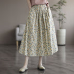 Floral Print Cotton Midi Skirt Elastic Waist Women's